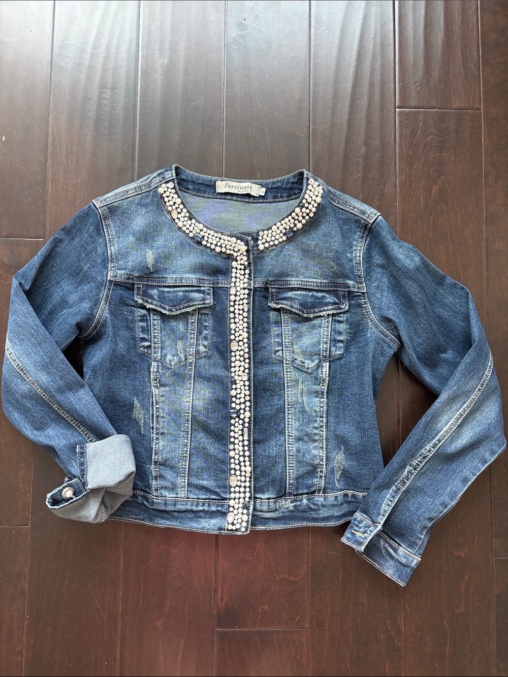 Gorgeous Jeweled Round-Neck Denim Jacket - Blue